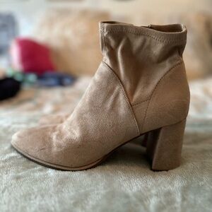 Light pink sued heeled boots. Approx 3 in heel